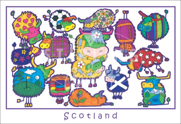 Highland Cows - Scotland, cartoon Postcard