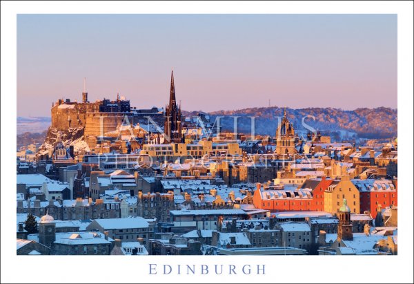 Edinburgh - Dawn Sunlight, Castle, rooftops & Snow Postcard